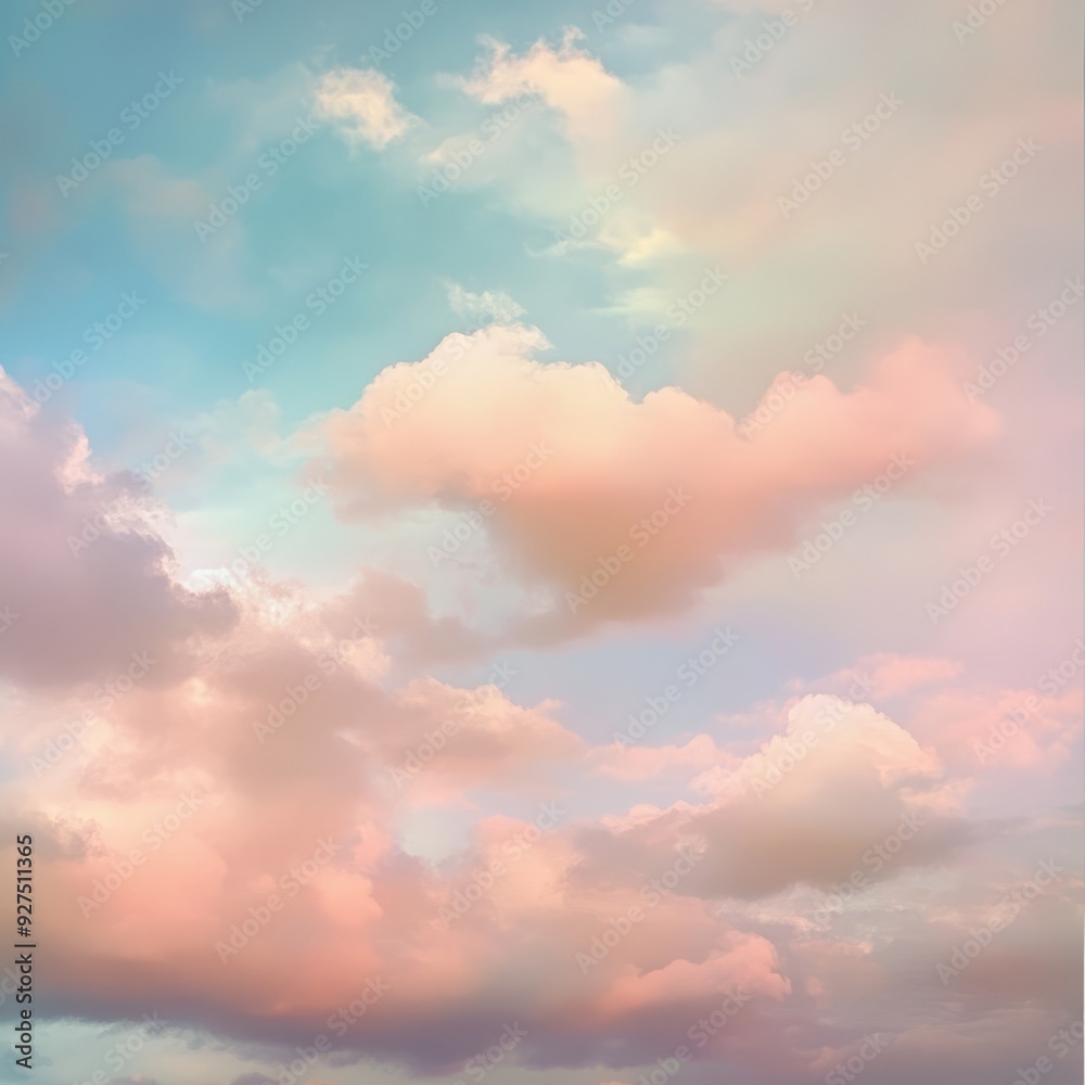 Poster Soft pink and blue clouds in a pastel sky.