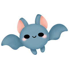 Watercolor illustration of a cute blue bat with a smiling face and a whimsical design