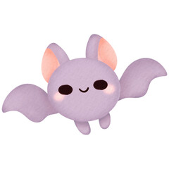 Watercolor illustration of a playful lavender bat with a joyful face and a soft color palette