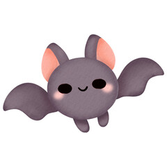 Watercolor illustration of an adorable gray bat with a smiling face and a playful design