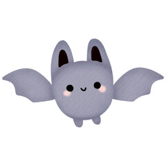 Watercolor illustration of a cute gray bat with bunny ears and a happy face