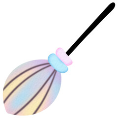 Watercolor illustration of a pastel-colored witch's broom with a hat
