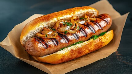 Close-up of a grilled sausage, served in a freshly baked bun, topped with caramelized onions and mustard