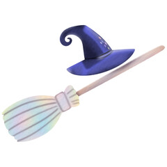 Watercolor illustration of a pastel-colored witch's broom with a hat