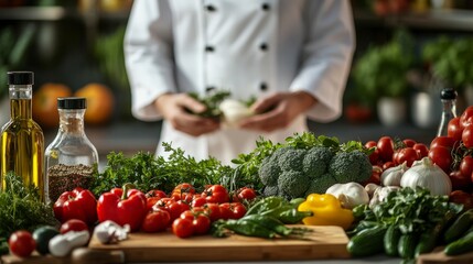 Obraz premium chef preparing food , infront of a vegetable table