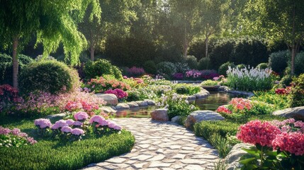 Peaceful Garden Oasis: Blooming Beauty in Full Bloom