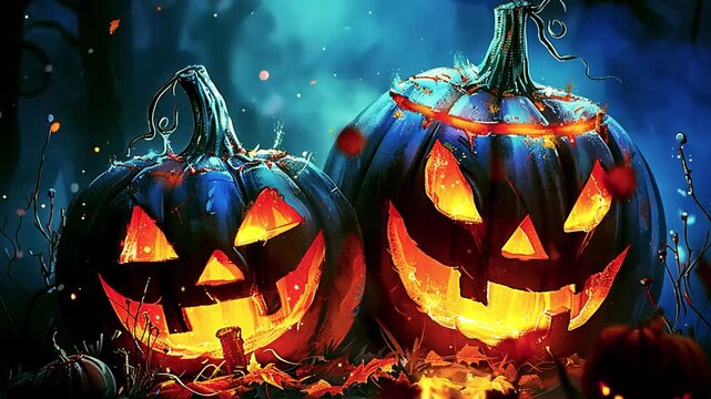 Jack-o-lantern scary spooky Halloween scene. Fire burning. Halloween pumpkin patch in the moonlight. Jack O Lantern party. Horizontal banner, Halloween night decorative with bat and moon background 31