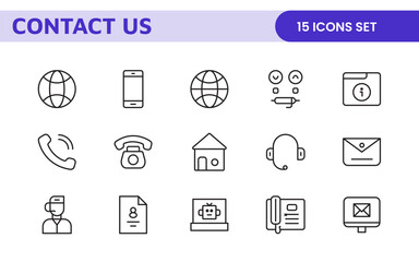 Contact icon set in outline style. Communication Line icons collection.