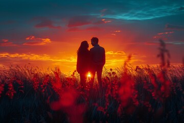 Obraz premium The most realistic photograph of couple in love silhouette at sunset.