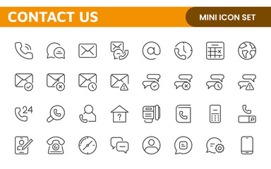 Contact icon set in outline style. Communication Line icons collection.