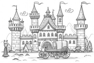 A whimsical black-and-white drawing of a fairy tale castle with turrets, a carriage, and playful surroundings, perfect for coloring activities.