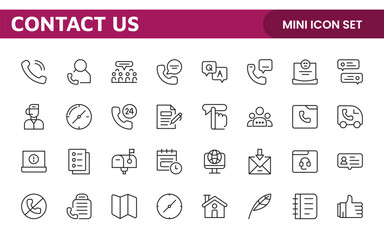 Contact icon set in outline style. Communication Line icons collection.