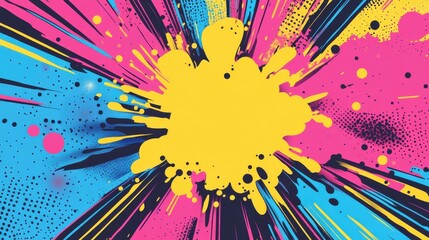 book background with explosion in pop art style, pink and blue colors, yellow center point of attention.