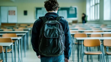 Obraz premium Student with Heavy Backpack Walking Away from Classroom, Head Hung Low, Symbolizing Defeat and Disappointment