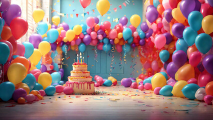 Bright and cheerful birthday scene with balloons in every corner.