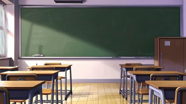 Morning atmosphere in the classroom with a blackboard, wooden tables and chairs. Seamless 4K looping timelapse video animation background