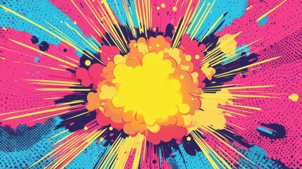 book background with explosion in pop art style, pink and blue colors, yellow center point of attention.