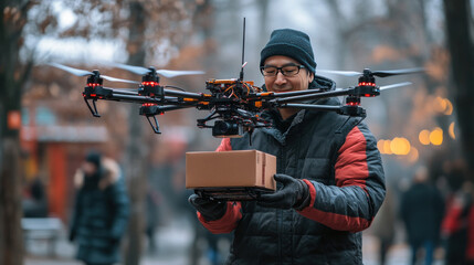 A customer receiving a package from a drone delivery service.