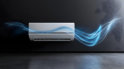 Modern air conditioner with sleek design, emitting cool airflow against a dark wall, ideal for summer comfort and home improvement.