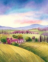 Obraz premium landscape with fields and hills sunset in region with New nature landscape illustration 