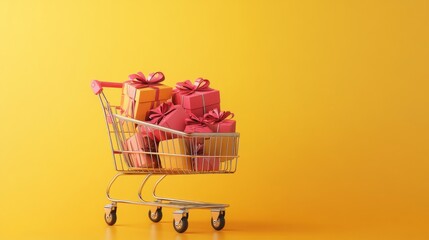 Shopping cart full of gift boxes on yellow background. Supermarket trolley with presents. Discounts, sales and promotions