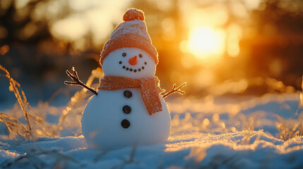 Obraz premium Snowman wearing a knitted hat stands in a snowy field at sunset, surrounded by glistening grass