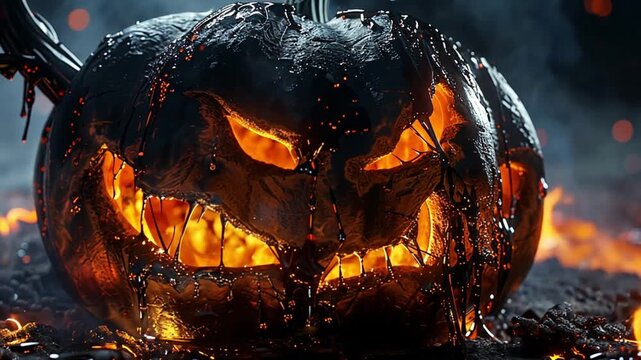 Jack-o-lantern scary spooky Halloween scene. Fire burning. Halloween pumpkin patch in the moonlight. Jack O Lantern party. Horizontal banner, Halloween night decorative with bat and moon background 31