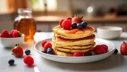 Stack of fluffy pancakes topped with fresh raspberries, blueberries, and maple syrup drizzled over.