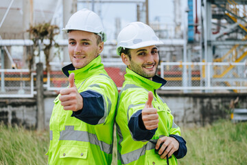 Engineer worker happy team working outdoor, Petroleum gas pipe oil refinery industry people works...