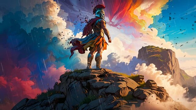 fantasy spartan warrior standing on the rock with colorful cloud background
