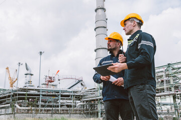 Engineer worker team working outdoor, Surveyor teamwork survey petroleum gas pipe oil transport...