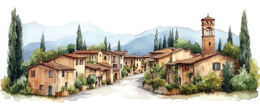 Watercolor painting of a charming Italian village on a hillside, vibrant terracotta roofs, white background