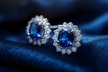 Stunning sapphire earrings adorned with sparkling diamonds, set against a luxurious blue silk background.