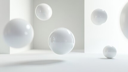 3D floating spheres in an open, empty space suitable for product showcases. Clean and modern design for abstract presentations or branding concepts.