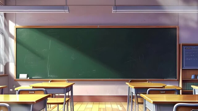 Morning atmosphere in the classroom with a blackboard, wooden tables and chairs. Seamless 4K looping timelapse video animation background