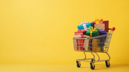 Shopping cart full of gift boxes on yellow background. Supermarket trolley with presents. Discounts, sales and promotions
