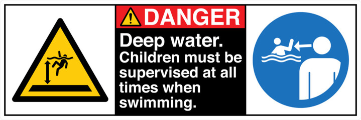 ANSI Z535 Safety Sign Marking Label Two Symbol Pictogram Standards Danger Deep water Children must be supervised at all times when swimming with text landscape black 02