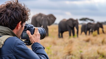 A photographer captures a herd of elephants in the African savanna.