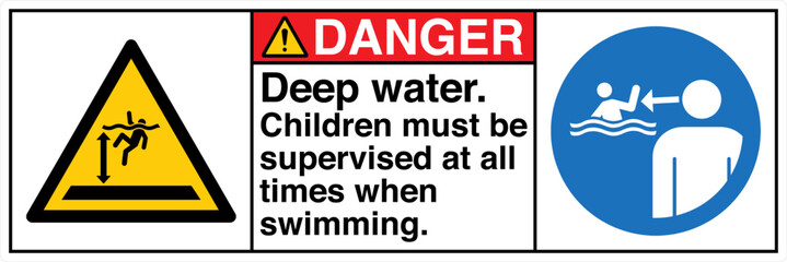 ANSI Z535 Safety Sign Marking Label Two Symbol Pictogram Standards Danger Deep water Children must be supervised at all times when swimming with text landscape white 02