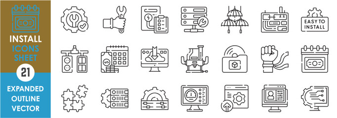 A set of line icons related to Install. Setup, configure, modify, software, hardware, decoration, electricity, repair, payday, payment, due date, and so on. Vector outline icons set.