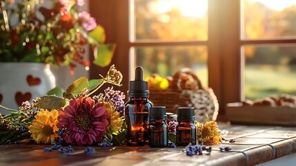 Essential Oils and Flowers on a Window Sill.