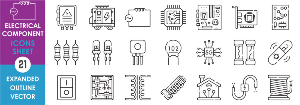 A set of line icons related to Electrical Component. Electrical, circuit, inductor, capacitor, diode, motherboard, fuse, distributor, semi-conductor, resistor, and so on. Vector outline icons set.
