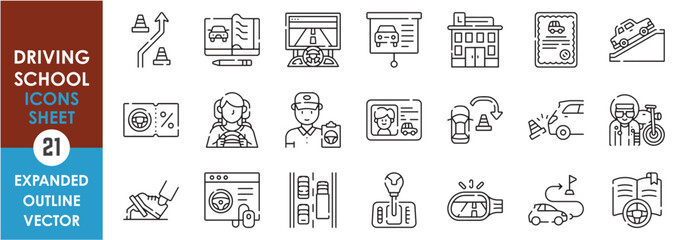 A set of line icons related to Driving School. School, drive, ride, trainer, license, learn, simulate, way, classes, certificate, and so on. Vector outline icons set.