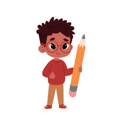 child with a pencil.boy vector illustration of child . boy holds brush 
