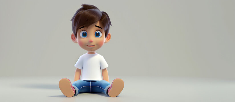 A young animated boy with brown hair and blue eyes is sitting cross-legged on the floor, wearing a white t-shirt and blue jeans, looking forward with a curious expression.