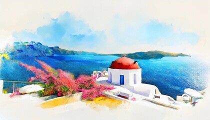 Fototapeta premium church in island watercolour painting illustration