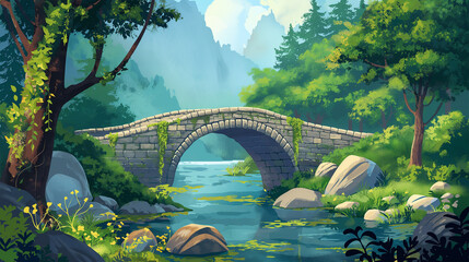 The Mountain valley lake under stone bridge with tropical forest, game background, Illustration