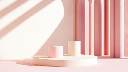 Abstract 3D scene featuring pink and beige cylinders. Minimal pastel podiums in a geometric arrangement, ideal for product displays and promotional material.
