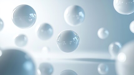 Abstract 3D spheres floating in a minimalist environment with ample space for creative product displays. Ideal for modern design concepts.