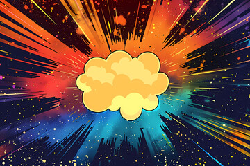 A vibrant explosion of colors encircles a soft yellow cloud, creating a dynamic and energetic visual display.